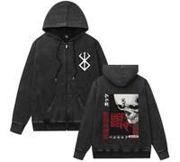 Berserk Anime Vintage Sweat à capuche zippé délavé, sweat graphique tendance à manches longues, Noir-5, XL