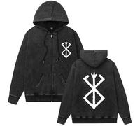 Berserk Anime Vintage Sweat à capuche zippé délavé, sweat graphique tendance à manches longues, Noir-6, XXL