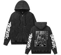 Berserk Anime Vintage Sweat à capuche zippé délavé, sweat graphique tendance à manches longues, Noir-9., M