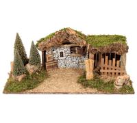 BERTONI-Crèche vide avec mur et grange coloris beige en bois - 16 x 12 x 7 cm