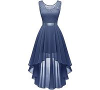 Berylove Dentelle Robe de Cocktail Femme élégante pour Mariage, Robe Festive sans Manches, Robe de Demoiselle d'honneur, Bleu, XXL