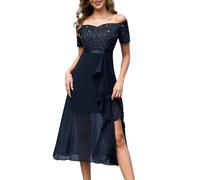 BeryLove Homecoming Robe de soirée formelle à paillettes épaules dénudées pour mariage, cocktail, soirée, bleu marine, Taille XS