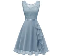 BeryLove Robe avec ourlet froncé, robe de cocktail pour femme, élégante, pour mariage, robe de soirée courte, gris/bleu, L