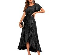 BeryLove Robe de soirée à paillettes pour femme - Manches courtes - Pour mariage, cocktail, soirée, noir, Taille S