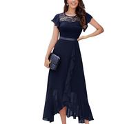 Berylove Robe de Soirée Longue Élégante pour Mariage - Cocktail avec Fente - Élégante avec Manches, Taille Élastique, Bleu Marine, 3XL