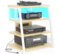 Besiost - Support multimédia AV avec prises, console multimédia avec lumières LED, étagères stéréo et supports avec étagères de rangement, armoire tour audio multimédia, chêne naturel et