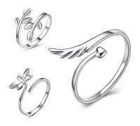 BESPORTBLE 3 Pièces Anneau de branche d'olivier bagues réglables pour femmes Hommes bijoux petit doigt plaqué anneaux bague libellule anneau ouvert d'aile cuivre Silver