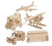 BESPORTBLE 5 pièces Puzzle Bois Modèles Éducatifs Bus Voiture et Chariot Élévateur Bois pour Garçon Fille Jouets de Construction Manuels DIY