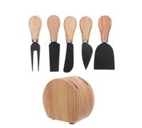 BESPORTBLE Ensemble 5 Pièces Couteaux à Fromage Acier Inoxydable avec Manche Bois Socle Chêne Naturel Ustensiles Service Fromage et Charcuterie pour Réception et Dégustation Outils à