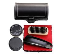 BESPORTBLE Kit D'entretien pour Chaussures en Cuir, Noir | Brosse à Manche Bois, Éponge Lustrante, Chiffon et Chausse-pied, Étui Pu, Voyage D'affaires
