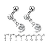 BESPORTBLE Lot de 10 petites boucles d'oreilles pendantes en forme de croix, lune, étoiles, et cœur, en acier inoxydable chirurgical, pour piercing au cartilage, au tragus, au pavillon de l'oreille,