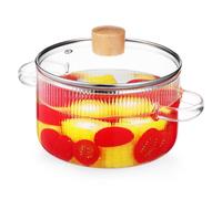 BESPORTBLE Marmite à Mijoter En Verre 1,6 l Avec Couvercle, Casserole En Verre Transparent Avec Poignées En Bois, Résistance Haute Température, Pour Cuisinière Et Préparation De Soupe Familiale