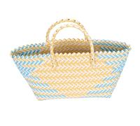 BESPORTBLE Panier à Provisions Tressé en Plastique Poignées Grand Format Rayé Bleu Clair et Jaune Paquet Cabas Femme pour Courses et Rangement Panier Portable de Salle de Bain et Usage