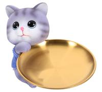 BESPORTBLE Plateau Décoratif à Bijoux en Acier Inoxydable Doré Plateau Organiseur Multifonction pour Clés et Cosmétiques Rond Orné Chat Gris Accessoire Rangement Maison et Bureau 1 Pièce