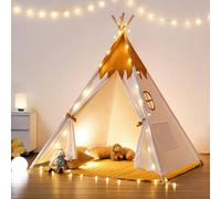 besrey Tipi Enfant avec Tapis Rembourré & Fixateur & Lumière, Pur Coton Naturel, Tente Enfant Interieur pour Garçon et Fille (Poussin Jaune)