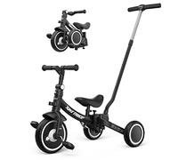 besrey Tricycle 7 en 1 pour enfant de 1 à 5 ans, pliable, avec embrayage de roue, grandes roues, pédales amovibles, siège réglable en hauteur, noir