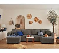 Best Mobilier - Canapé Panoramique en U Convertible avec Coffre Topaze en Velours Côtelé - Canapé Lit - Grand Sofa XXL Gris 7 Places - Salon