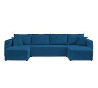 Best Mobilier - Canapé Panoramique en U Convertible avec Coffre Topaze en Velours Côtelé - Canapé Lit - Grand Sofa XXL Bleu Ardoise 7 Places - Salon