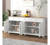 BestAlice Buffet blanc, armoire de cuisine avec plan de travail, buffet de cuisine, commode de cuisine pour salle à manger, armoire de salon avec 4 portes et 3 tiroirs (160 x 37 x 75 cm)