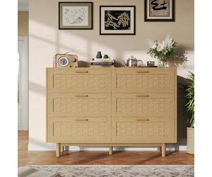 BestAlice Buffet en rotin avec 6 tiroirs - Armoire de rangement en bois avec poignées - Pour salon, salle à manger, couloir - 115 x 40 x 80 cm - Couleur chêne
