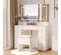 BestAlice Coiffeuse avec éclairage et tabouret, buffet, miroir LED réglable, commode avec 9 tiroirs, 1 étagère ouverte, petite coiffeuse moderne pour la chambre à coucher