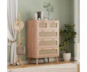 BestAlice Commode en rotin avec 6 tiroirs - Buffet de rangement à poignées dorées - Coffre en bois naturel - Pour chambre à coucher, salon, couloir