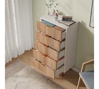 BestAlice Commode étroite et haute en bois - Buffet avec 5 tiroirs - Poignées et pieds plaqués or - Idéale pour le salon, la chambre à coucher et le bureau - Couleur bois naturel blanc