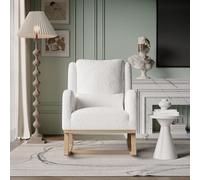 BestAlice Fauteuil à bascule, avec coussin lombaire et base en bois, fauteuil d'allaitement, en velours teddy rembourré, avec poches latérales, pour salon, chambre à coucher, balcon, blanc