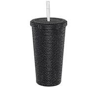 BestAlice Gobelet clouté bling diamant, 500 ml avec couvercle et paille, bouteille d'eau à paillettes en acier inoxydable avec brosses à paille, gobelet scintillant, noir
