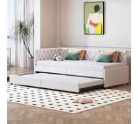 BestAlice Lit capitonné 90 x 200 cm, Lit gigogne avec sommier à Lattes, Canapé Lit Extensible en Tissu de Velours, Lits Simple Rembourré, Lits de Jour d'invités,Beige,sans Matelas