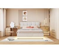 BestAlice Lit Coffre 140x200, lit Double Coffre rembourré avec sommier à Lattes, avec Rangement, lit Adulte réglable LED et Dossier Moelleux, avec sommier à Lattes, Tissu Velours, Beige (140x200)