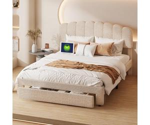 BestAlice Lit Coffre 140x200, Tete de lit réglable en Hauteur, Lit Adulte Coffre Capitonné avec USB et Tiroir avec Rangement avec Sommie, pour Adulte Jeunesse, Velours Teddy, Beige