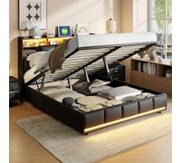 BestAlice Lit Coffre capitonné 160x200cm, lit 2 Personnes avec Rangement, Port USB et lumière LED, lit Double avec sommier à Lattes, Tête de lit avec 5 Compartiments de Rangement,Noir