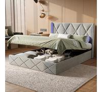 BestAlice Lit de rangement 140 x 200 cm, lit double avec éclairage LED et conteneur, structure de lit rembourré avec sommier à lattes, velours, lit pour adultes adolescents, gris