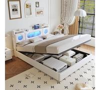 BestAlice Lit de rangement hydraulique 140 x 200 cm, lit double tapissé avec LED, cadre de lit avec espace de rangement et sommier, tête de lit avec espace de rangement caché, lit