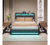 BestAlice Lit double avec tiroirs, 140 x 200 cm, avec tête de lit LED, compartiments de rangement ouverts, lit rembourré avec espace de rangement et 4 tiroirs, lit de rangement, lit adolescent, avec