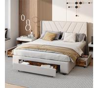 BestAlice Lit double avec tiroirs, 160 x 200 cm, rembourré, avec espace de rangement et 3 tiroirs, lit de rangement, lit moderne pour adolescent, avec sommier à lattes, en lin, beige