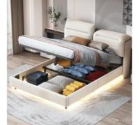 BestAlice Lit double capitonné, 140 x 200 cm, avec espace de rangement, avec espace de rangement, avec espace de rangement, pour adolescent, hydraulique, avec sommier à lattes, velours, blanc crème