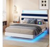 BestAlice Lit double rembourré, 140 x 190 cm, avec LED et colonne de charge, lit à sommier tapissier, tête de lit haute combinable, avec sommier à lattes, velours, beige et bleu