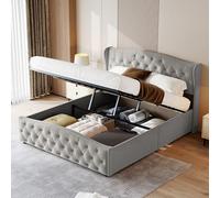 BestAlice Lit double rembourré 140 x 190 cm, lit coffre avec espace de rangement, lit doux pour adultes et adolescents avec sommier à lattes, décoration d'ongles en saule, flanelle, gris