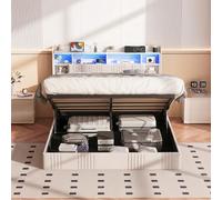 BestAlice Lit double rembourré 140 x 200 cm avec LED, USB C, lit hydraulique avec espace de rangement et tête de lit, cadre de lit avec cadre en métal et sommier à lattes, lin (beige, 140 x 200 cm)