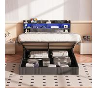 BestAlice Lit double rembourré 140 x 200 cm avec LED, USB C, lit hydraulique avec espace de rangement et tête de lit, cadre de lit avec cadre en métal et sommier à lattes, lin (gris, 160 x 200 cm)
