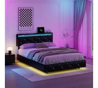 BestAlice Lit double rembourré, 140 x 200 cm, cadre flottant, avec tête réglable et éclairage LED, lit fonctionnel, pour adulte, adolescent, avec sommier à lattes, lit à sommier tapissier, en