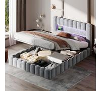 BestAlice Lit double rembourré, 140 x 200 cm, espace de rangement hydraulique, avec LED, cadre de lit pour adolescent, avec sommier à lattes, lin, gris, sans matelas