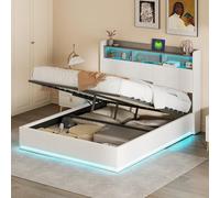 BestAlice Lit double rembourré, 140 x 200 cm, espace de rangement hydraulique, avec tête de lit ouverte, lit pour adolescent, lit à sommier tapissier avec LED et station de charge, cadre de lit avec