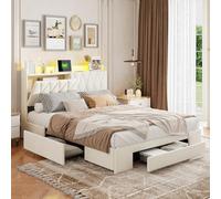 BestAlice Lit double rembourré 140 x 200 cm, lit coffre beige avec table de chevet 3 tiroirs LED et USB, tête de lit avec compartiment de rangement, velours (140×200-A)