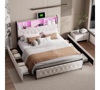 BestAlice Lit double rembourré 160 x 200 cm, lit coffre beige avec table de chevet LED et USB, tête de lit avec récipient, lit adulte adolescent avec 4 tiroirs sommier à lattes, velours