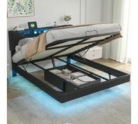 BestAlice Lit double rembourré, 160 x 200 cm, lit flottant, avec fonction de charge et LED, tête de lit réglable, avec étagères ouvertes et espace de rangement, cadre double, hydraulique pour adulte