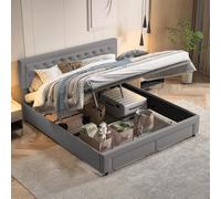 BestAlice Lit double rembourré 160 x 200 cm, moderne Lit de rangement avec 2 tiroirs, tête de lit souple, avec rangement, lit adulte avec sommier à lattes, velours, gris