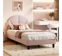 BestAlice Lit pour enfant de 90 x 190 cm, rembourré, avec tête de lit réglable, cadre de lit avec sommier à lattes, lit simple, en velours, rose